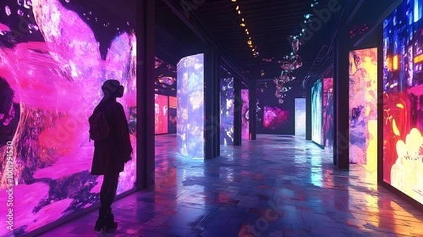 Fototapeta Immersed in Neon Dreams: A lone figure silhouetted against vibrant, abstract light displays, exploring a futuristic art installation. The image evokes a sense of wonder, mystery.