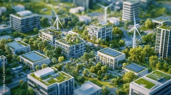 Fototapeta Aerial view of a green cityscape with integrated wind turbines and solar panels on rooftops and open spaces