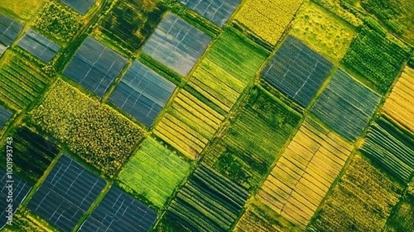 Fototapeta Aerial view of a solar farm with panels arranged in patterns across a vibrant green landscape