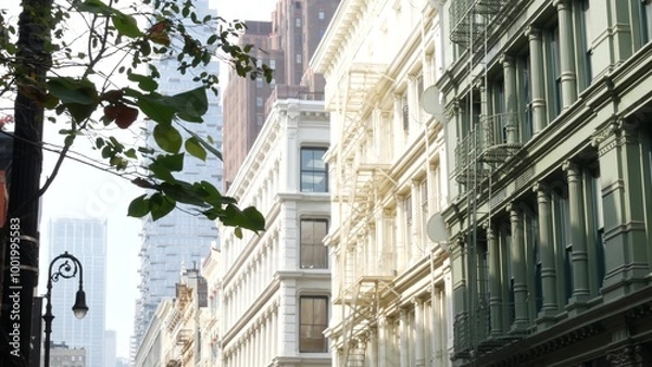 Fototapeta New York City Manhattan Soho fashion district near Broadway street. USA urban building facade, old american architecture. Shopping in NYC, United States. Business and residential real estate. Lantern