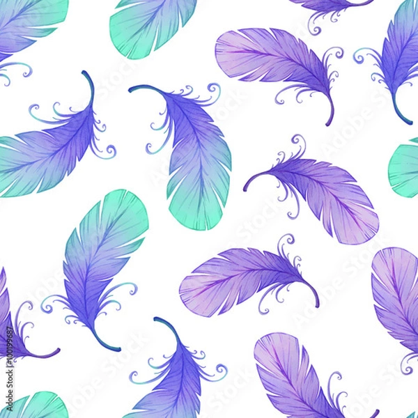 Fototapeta Watercolor seamless pattern with bird feathers.
