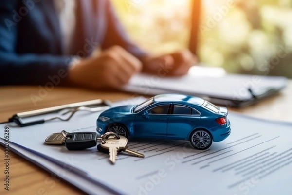 Obraz Car purchase or lease paperwork with keys and a toy car symbolizing a new deal.