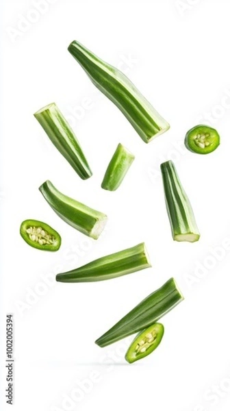 Obraz Sliced Okra Floating Against White Background Generative AI