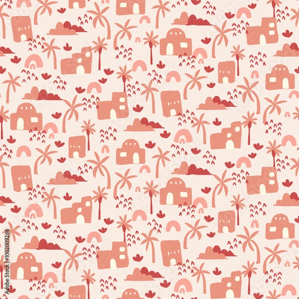 Fototapeta Whimsical Desert Dreams Seamless Pattern with Stylized Houses and Palm Trees. Vector illustration. Suitable for children projects, wallpaper and stationary.