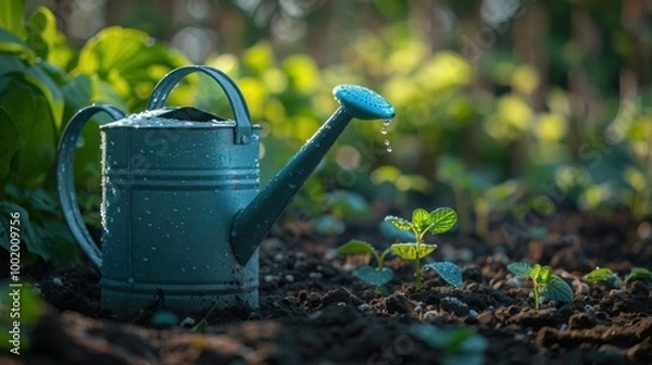 Fototapeta Fresh Watering Can in Lush Green Garden