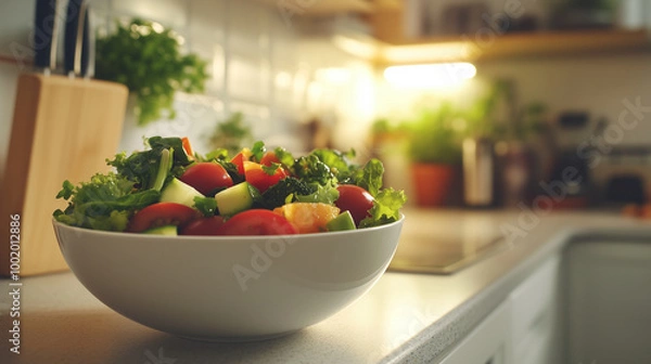 Fototapeta A vegetable salad in a white bowl on a kitchen countertop, with soft lighting highlighting the freshness of the ingredients