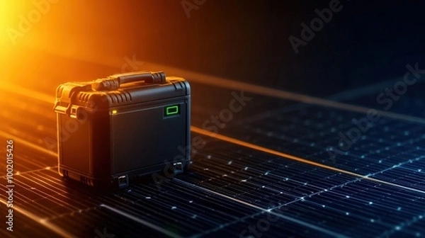 Fototapeta Solar energy suitcase on solar panels, illuminated by soft sunset light.