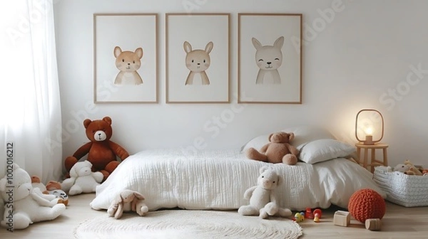 Obraz A cozy children’s bedroom with framed artwork of cute animals on the wall, a soft rug on the floor, stuffed toys scattered around, warm light from a bedside lamp,
