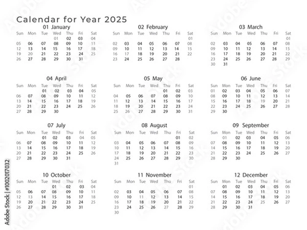 Obraz 2025 Landscape Black and White Calendar. 2025 Horizontal Black and White Calendar Template. 