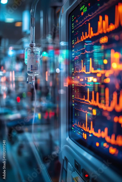 Obraz Medical monitor with colorful ECG graph in a hospital setting, representing advanced healthcare technology and patient care.
