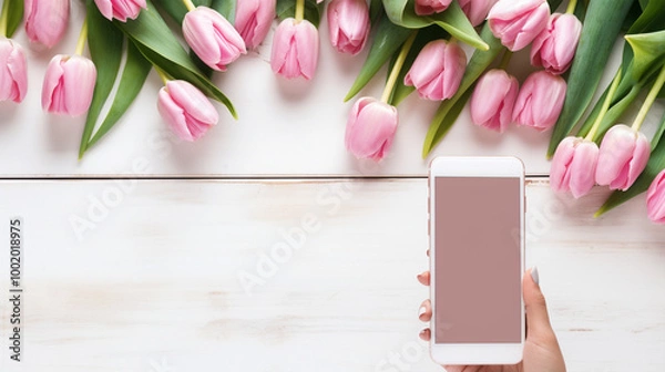 Obraz 白色木质乡村背景上的粉郁金香