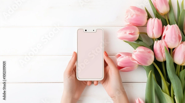 Obraz 白色木质乡村背景上的粉郁金香