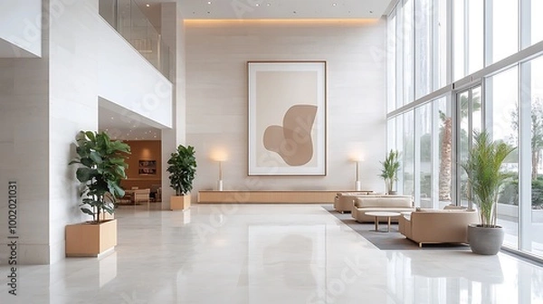 Obraz A luxurious corporate lobby with polished marble floors, large framed abstract art on the walls, sleek seating areas, soft lighting from modern fixtures,
