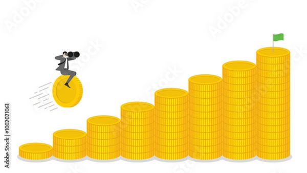 Fototapeta A businessman uses binoculars and riding a coin forward on stacks of money bar chart up, business progress, financial success, and target goal in a growing economy with investment and leadership
