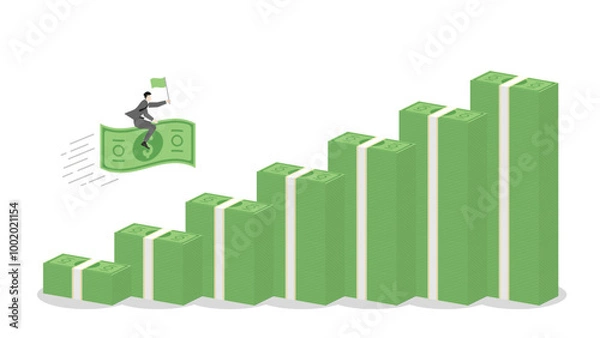 Fototapeta A businessman holds a green flag and riding on a banknote forward to money stacks bar chart up, business progress, financial success, target goal in a growing economy with investment and leadership