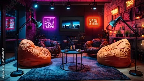 Fototapeta Casual podcast studio with cozy beanbag chairs, handheld microphones, and vibrant neon wall art, set in a fun and creative space. Soft lighting for a relaxed vibe