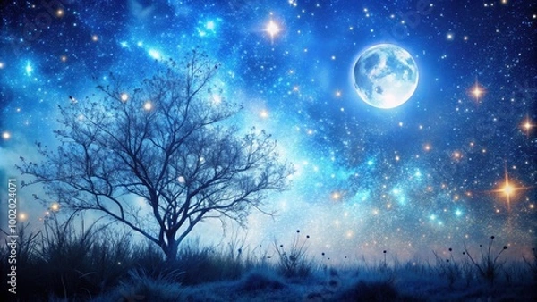 Fototapeta Bokeh stars and dead bush zoom in on a blue moonlit sky during moonset transitioning to the milky way , bokeh