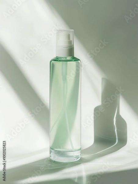 Fototapeta Elegant spray bottle with transparent liquid placed on a surface, illuminated by soft, natural light casting shadows in a minimalist setting.