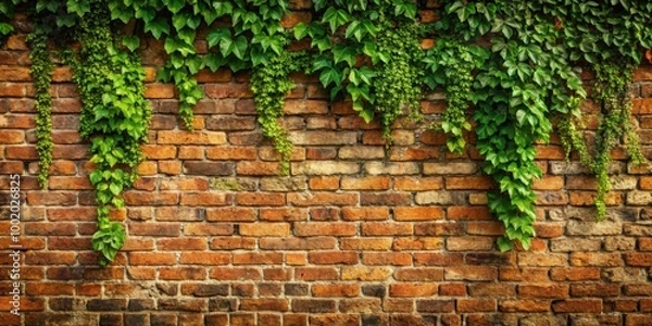 Fototapeta Looking up at a textured brick wall with vines hanging down from above, wall, view, below, vines, perspective, angle