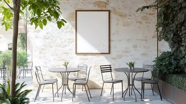 Obraz A quaint outdoor cafe patio with metal tables and chairs, a framed poster on the exterior stone wall, shaded by a canopy, soft sunlight filtering through trees, surrounded by plants and greenery,