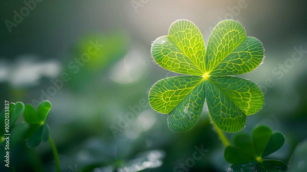 Obraz Four-leaf green clover for good luck on St. Patrick's Day, bright green background, holiday concept of spring, plant clover symbol