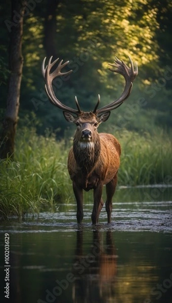 Fototapeta Deer with antlers standing in shallow water looking towards camera in serene setting