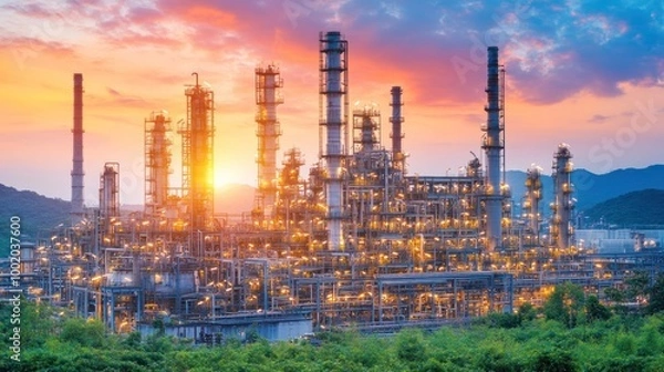 Obraz A large industrial refinery with smokestacks at sunset with hills in the background.
