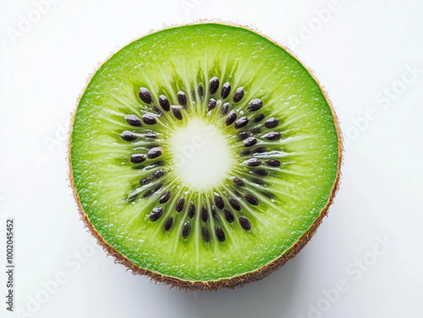 Obraz Fresh sliced kiwi fruit with vibrant green flesh and black seeds isolated on white background for food and health concept