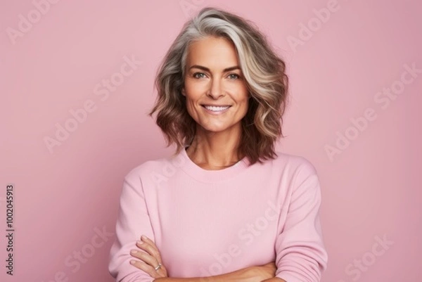 Fototapeta Happy mature woman with folded arms looking at camera and smiling while standing against pink background
