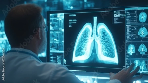 Fototapeta A medical professional analyzing a radiological chest scan with images of lungs and other thoracic structures on multiple computer monitors in a dim-lit room.