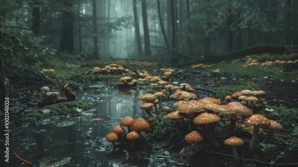 Obraz Enchanted Forest with Mushrooms and Misty Background
