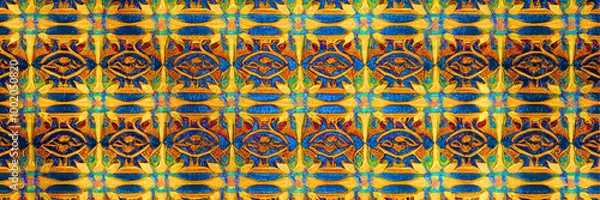 Obraz Abstract Pattern Textures - Blue and Gold Geometric, Ornate Eye Symbol, Elegant Floral Motifs, Repetitive Designs, Perfect for Wallpapers, Fabric Prints, and Backgrounds.