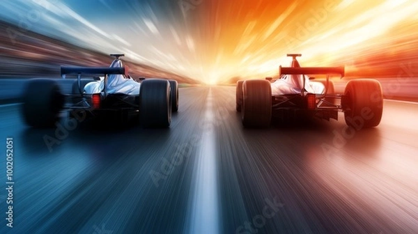 Obraz Dynamic race scene capturing the excitement of high-speed competition between two sleek racing cars on a blurred track.