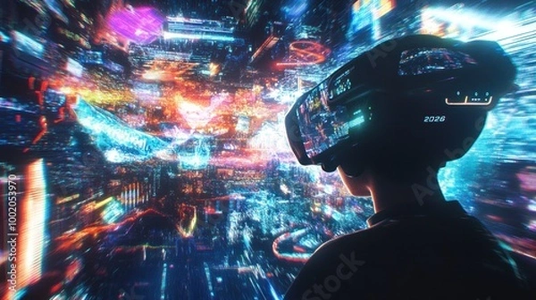 Fototapeta A person experiencing a vibrant and futuristic virtual reality world, complete with dynamic lighting effects and a sense of immersive digital space.