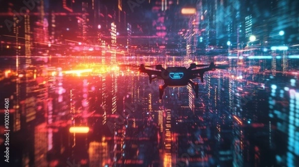Fototapeta A drone flies over a futuristic cityscape with neon lights and digital data streams, evoking a cyberpunk aesthetic and high-tech surveillance theme.