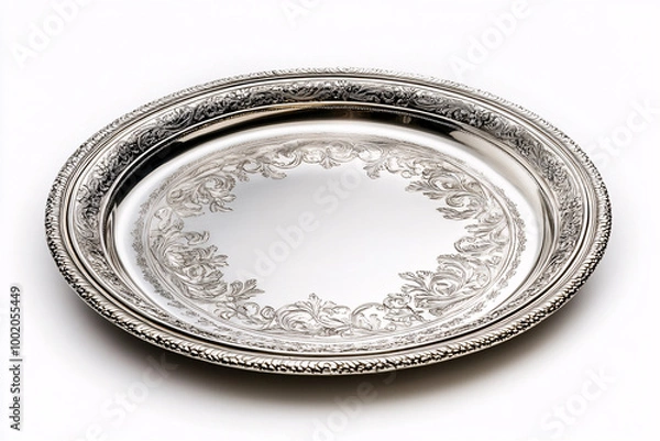 Obraz ornate silver plate with intricate floral design on white background