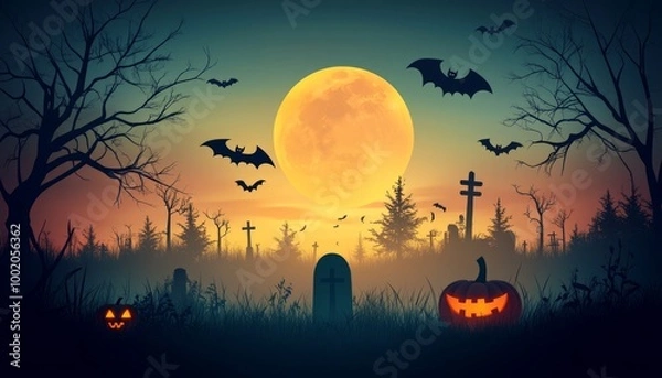 Fototapeta Eerie Halloween night with bats flying against a full moon backdrop.