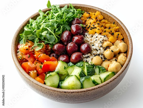 Fototapeta A vibrant bowl of fresh vegetables, grains, and legumes, beautifully arranged for a healthy meal on a white background.
