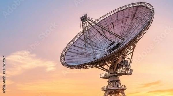 Fototapeta A large satellite dish against a sunset sky, used for communication and data transmission.