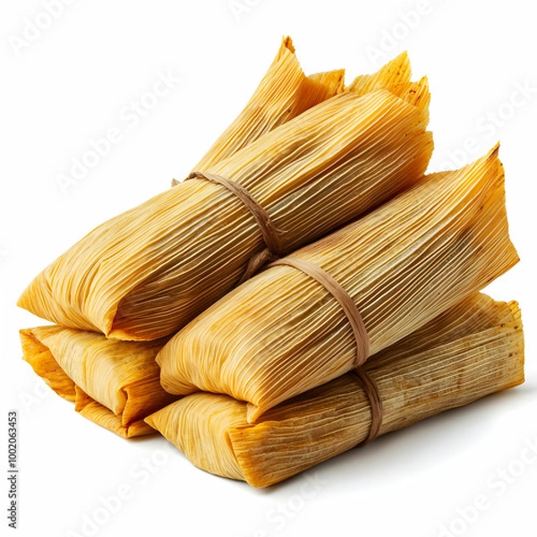 Fototapeta Traditional tamales neatly wrapped in corn husks, showcasing their unique and artisanal appearance against a white background.