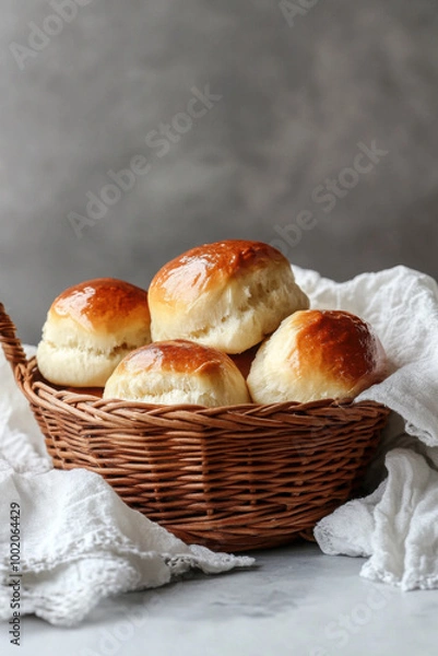 Fototapeta A basket of freshly baked golden brown bread rolls resting on a white cloth, with a grey background.