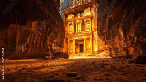 Fototapeta The ancient ruins of Petra, Jordan, with the Treasury building carved into rock, completely empty.