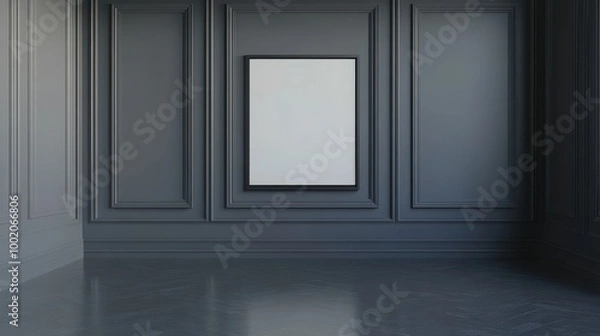 Fototapeta Mock up frame in a sleek modern empty room with charcoal grey walls, no furniture or decor, 3D render 