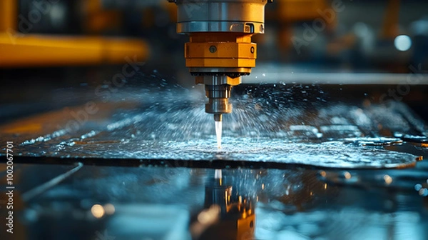 Fototapeta Close-up of a high-powered industrial water jet cutting metal sheet, showcasing precision and advanced technology in manufacturing.