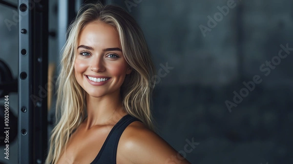 Fototapeta Uśmiechnięta, wysportowana blondynka prezentuje się w siłowni na tle szarej ściany