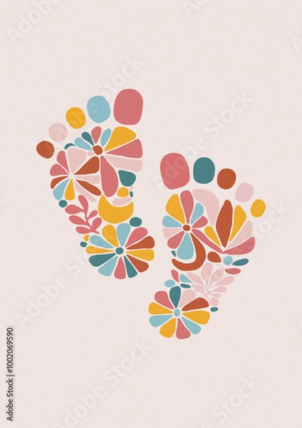 Obraz Floral Baby Footprint. Adorable New Born Baby Feet Illustration. Perfect for adding a playful touch to little one room or as a unique baby shower gift.