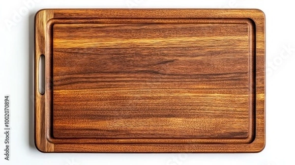 Fototapeta A close-up of a rectangular, wooden cutting board with a handle on the left side. The board is made of dark wood with a rich grain pattern.