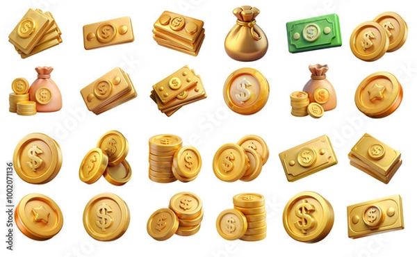Fototapeta A set of 3D dollar coins and bills, including a bag of money and various icons, ideal for finance and investment presentations, showcasing wealth and prosperity in a modern design.