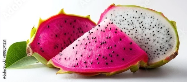 Fototapeta Close-up of sliced dragon fruit with green leaves on a white background.
