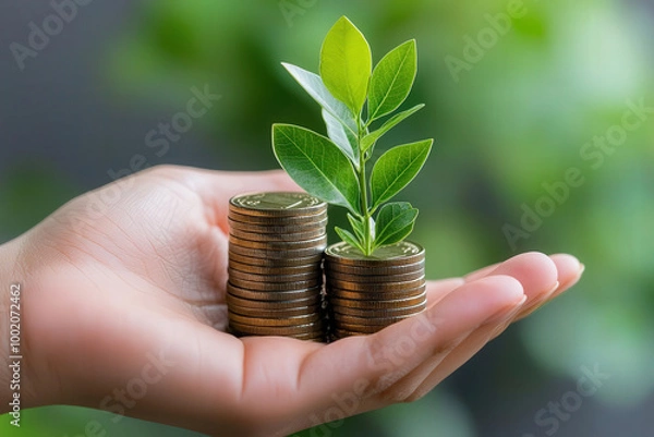 Fototapeta Growing money concept with hand holding coins and small plant sprouting from them, symbolizing investment and financial growth
